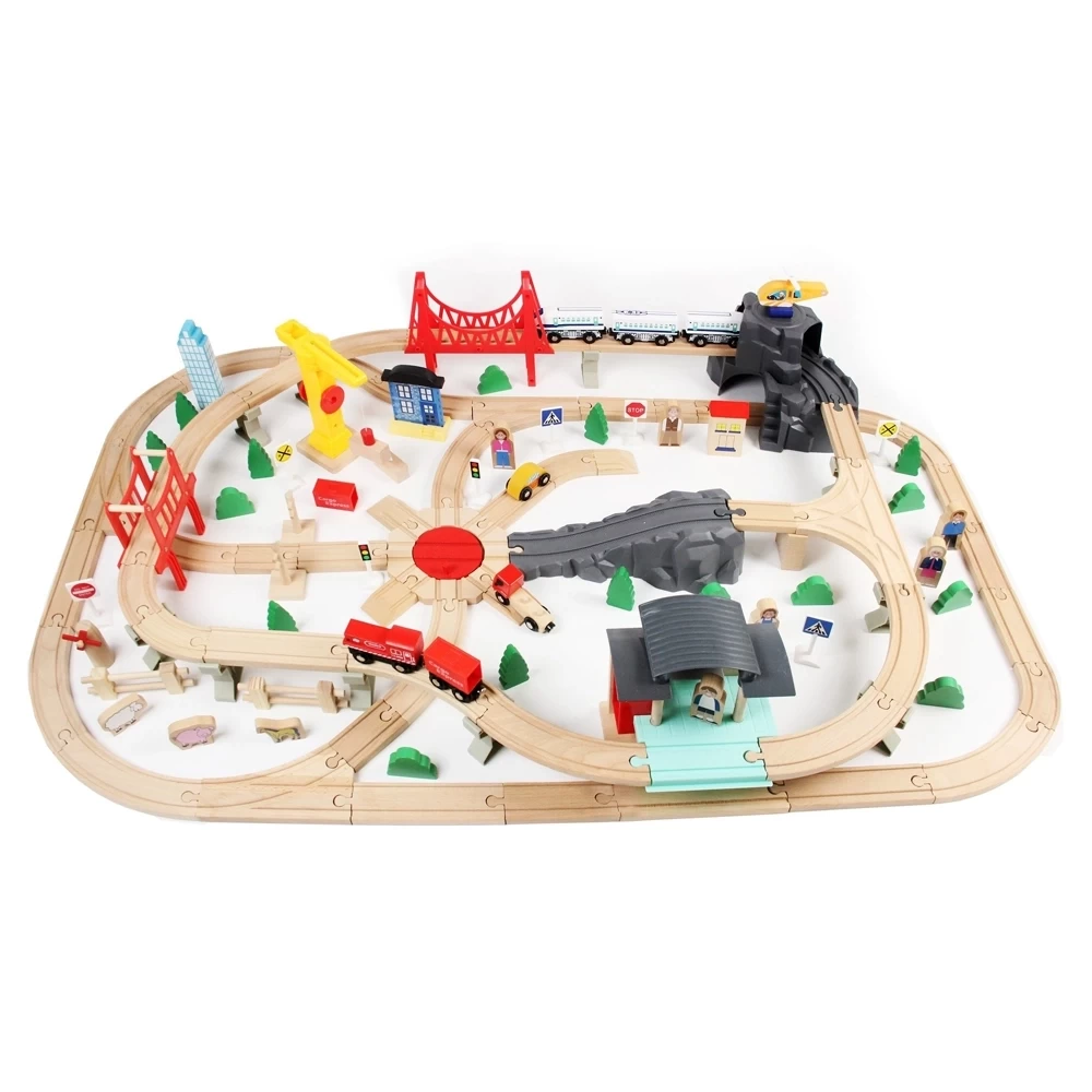 Set de train en bois - 130 pieces, jouets en bois